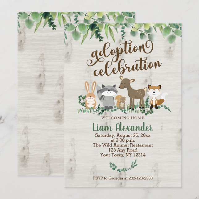Invitation Fête de l'adoption Fête prénatale Animaux de la fo (Devant / Derrière)