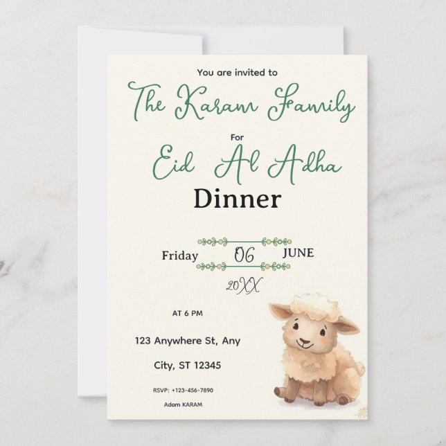 Invitation Fête de l'Aïd al-Adha beige mouton mignon (Devant)