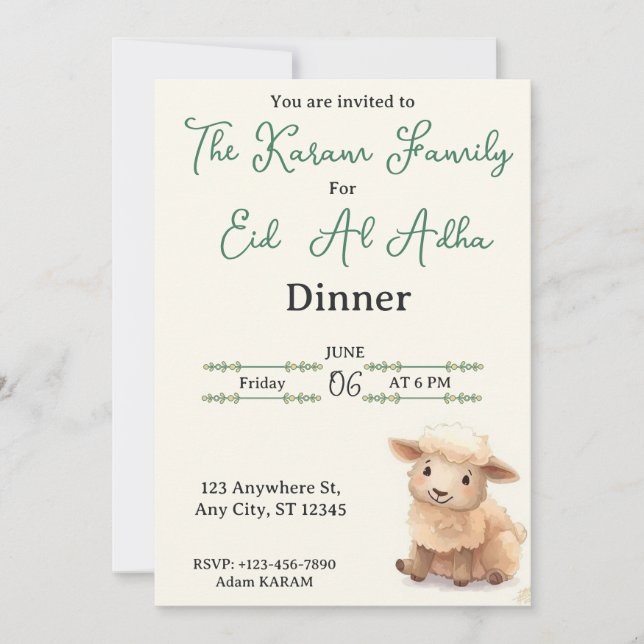 Invitation Fête de l'Aïd al-Adha beige mouton mignon (Devant)