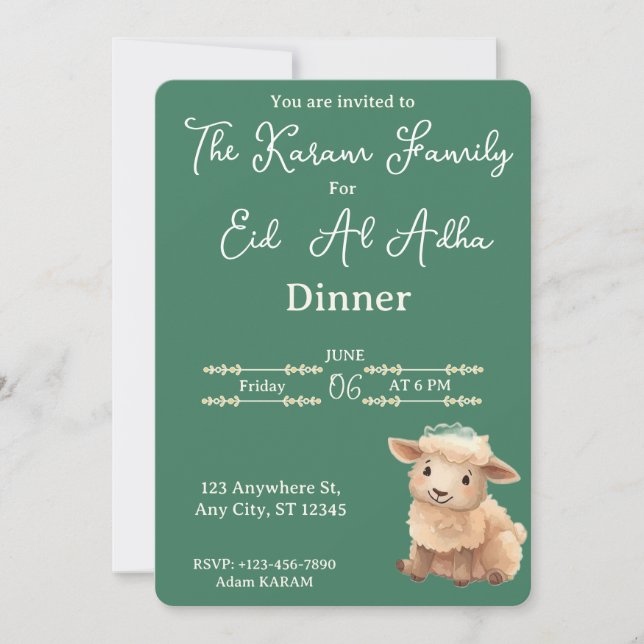 Invitation Fête de l'Aïd al-Adha verte mouton mignon (Devant)
