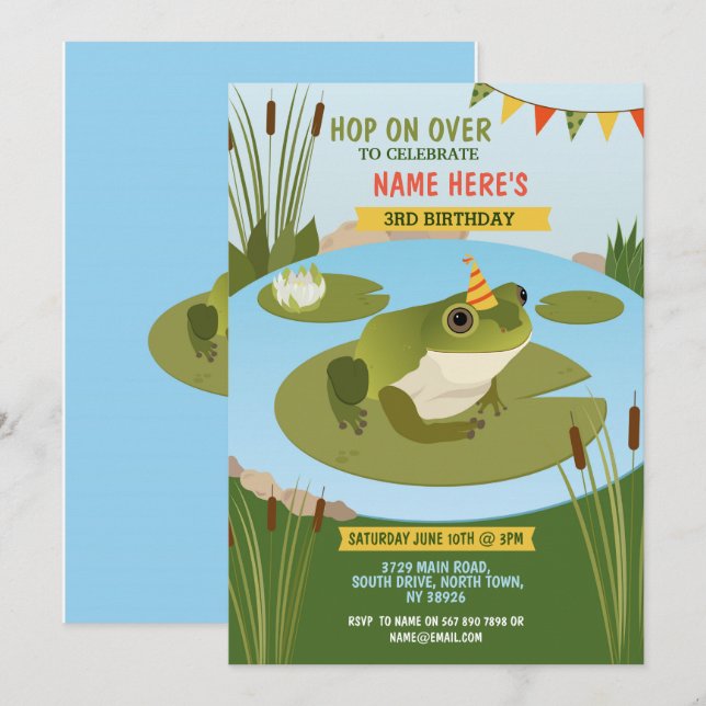 Invitation Fête de l'Anniversaire de la grenouille Aller à la (Devant / Derrière)