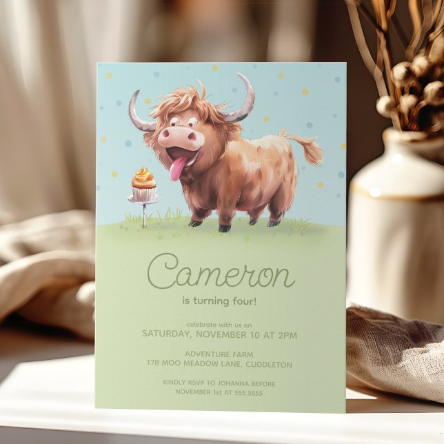 Invitation Fête de l'anniversaire de la vache miniature Highl (Créateur téléchargé)