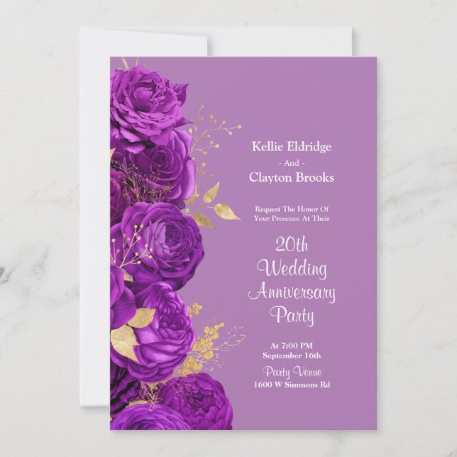 Invitation Fête de l'Anniversaire du Mariage floral violet et (Devant)