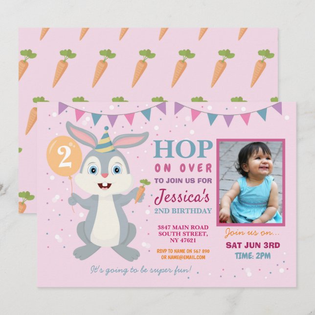 Invitation Fête de lapin Anniversaire Rabbit Photo Pâques ros (Devant / Derrière)