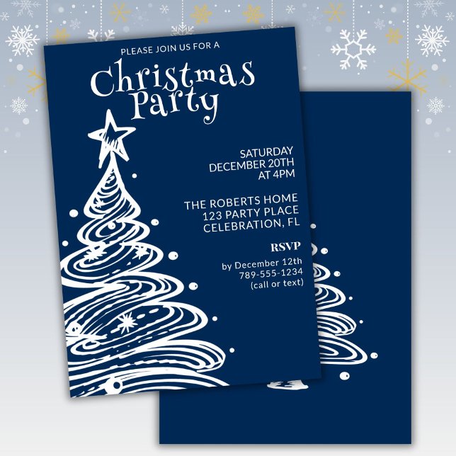 Invitation Fête de l'arbre de Noël bleu et blanc (Créateur téléchargé)
