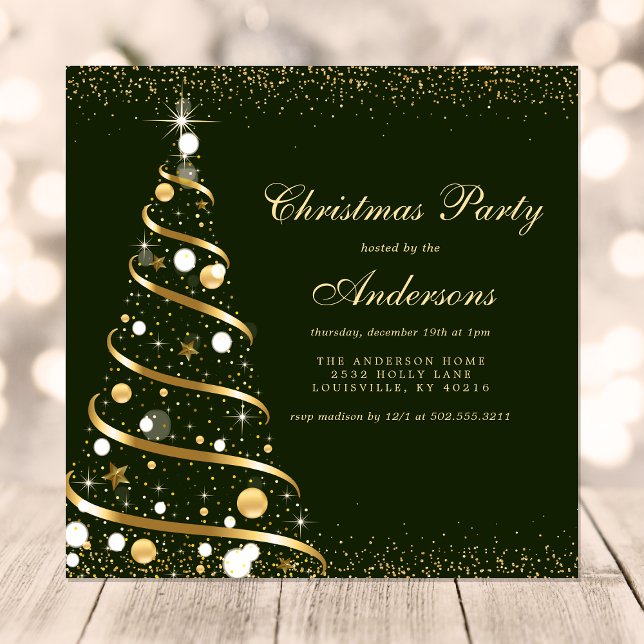 Invitation Fête de l'Arbre de Noël Élégant Vert Étincelant (Créateur téléchargé)