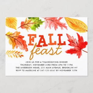 Invitation Fête de l'automne Feuilles de l'aquarelle Dîner de