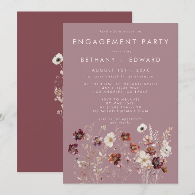 Invitation Fête de l'engagement de Mauve florale (Devant / Derrière)
