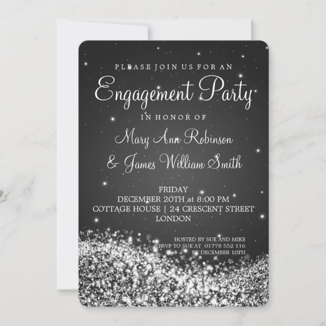 Invitation Fête de l'engagement Mariage Sparkling Wave Black (Devant)