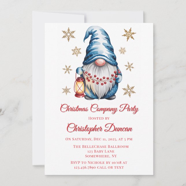 Invitation Fête de l'entreprise du gnome de Noël bleu (Devant)