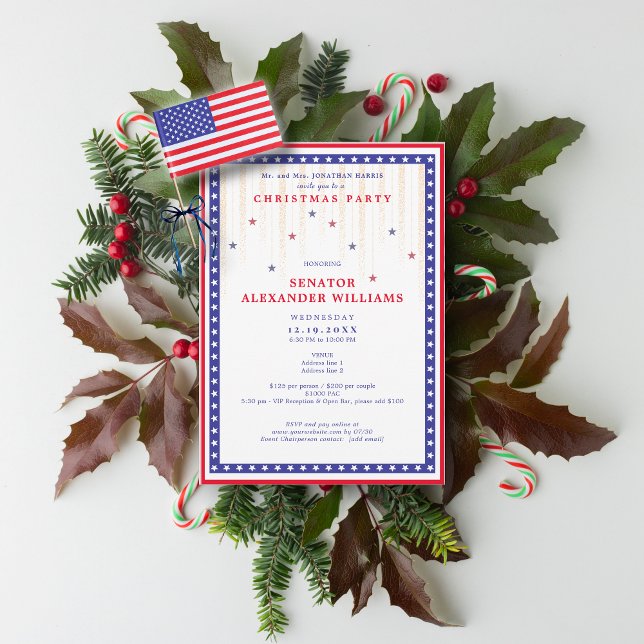 Invitation Fête de levée de fonds pour le drapeau américain S (Stars & Stripes American Flag Christmas Political Candidate Party Fundraiser Invitation)