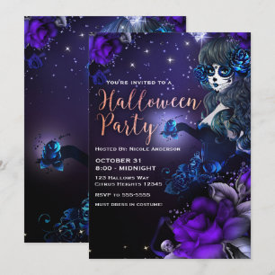 Invitation Fête de l'Halloween bleu violet de la Fille Morte