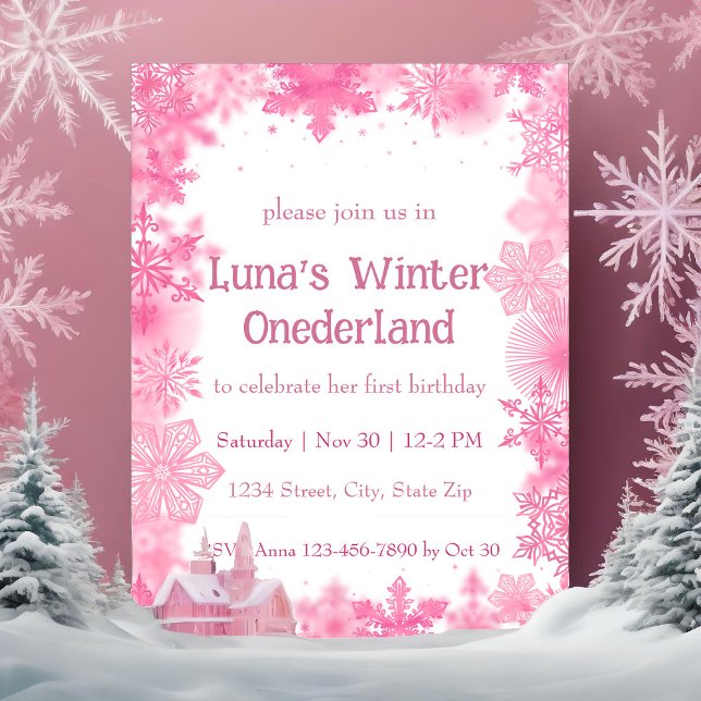 Invitation Fête de l'hiver flocon de neige rose Onederland (Créateur téléchargé)