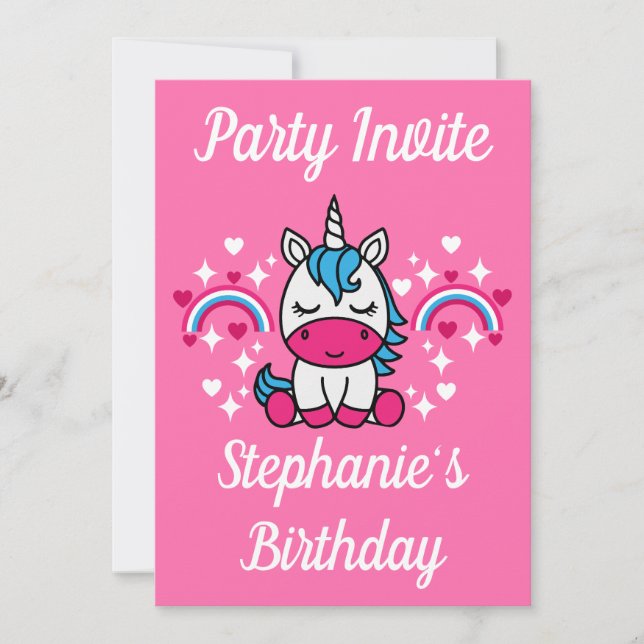 Invitation Fête de licorne rose pour petites filles (Devant)