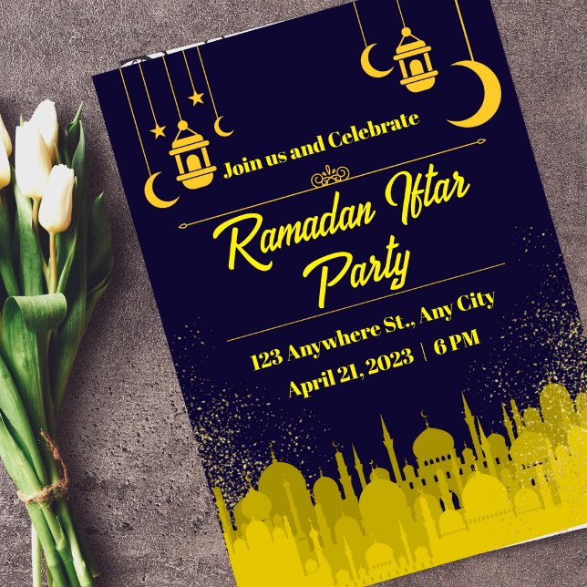 Invitation Fête de l'Iftar Ramadan Bleu foncé et Jaune (Créateur téléchargé)