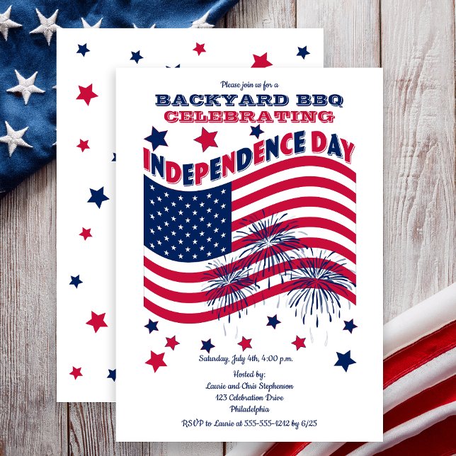 Invitation Fête de l'Indépendance 4 juillet Fête - Drapeau (Backyard BBQ Celebrating Independence Day Waving Flag and Fireworks Party Invitation - Print | Digi)