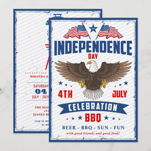 Invitation fête de l'indépendance vintage 4 juillet (Devant / Derrière)