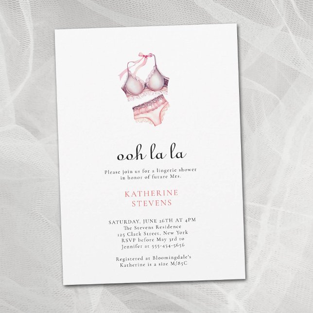 Invitation Fête de lingerie rose Ooh La La Bow Fête des marié (lingerie shower pink lace bridal bra panties invitation watercolor elegant minimalist modern classy )