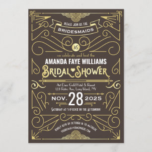 Invitation Fête de l'mariée Art déco Élégant chocolat à l'or