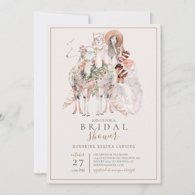Invitation Fête de l'mariée Boho Bride et Llamas (Devant)
