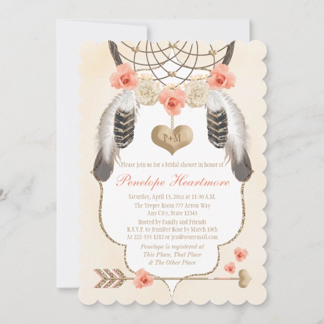 Invitation Fête de l'mariée Boho Gold et Blush Dreamcatcher (Devant)