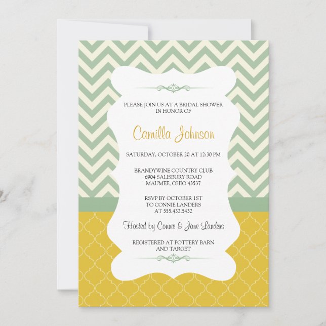 Invitation Fête de l'mariée Chevron moderne bleue et jaune él (Devant)