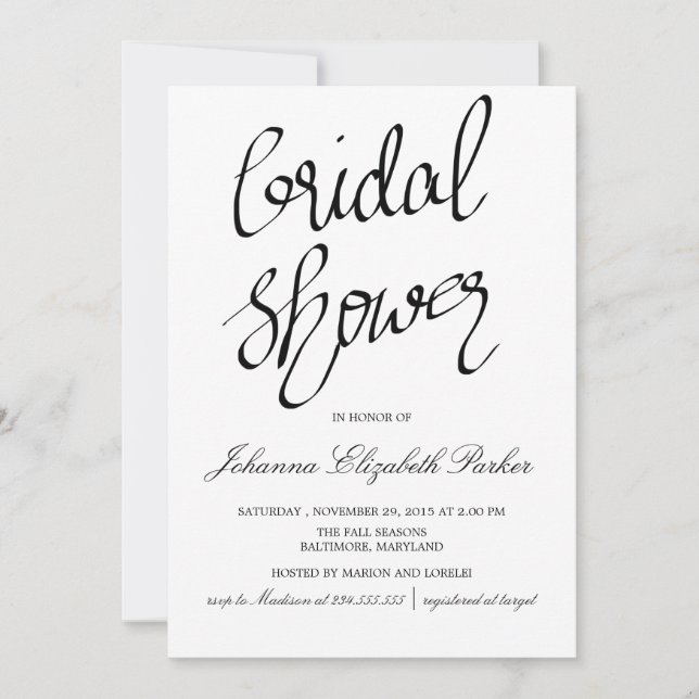 Invitation Fête de l'mariée Classique Noir Et Blanc De Script (Devant)