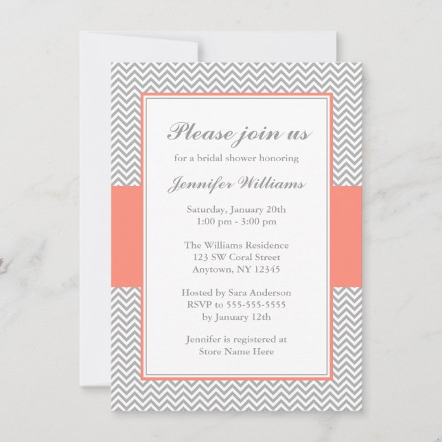 Invitation Fête de l'mariée Coral et Grey Chevron (Devant)