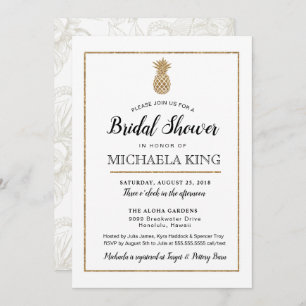 Invitation Fête de l'mariée d'ananas moderne, blanc et or