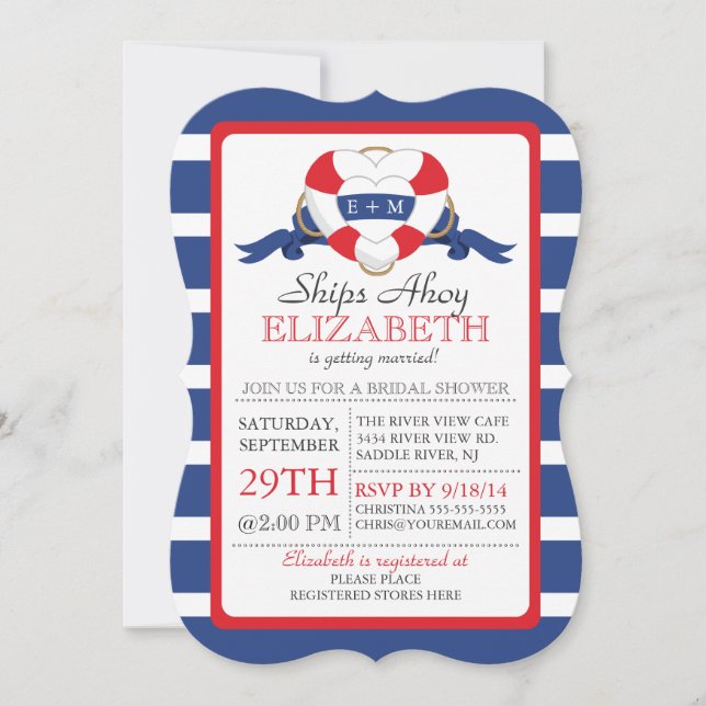 Invitation Fête de l'mariée de bouée cardiaque marine moderne (Devant)