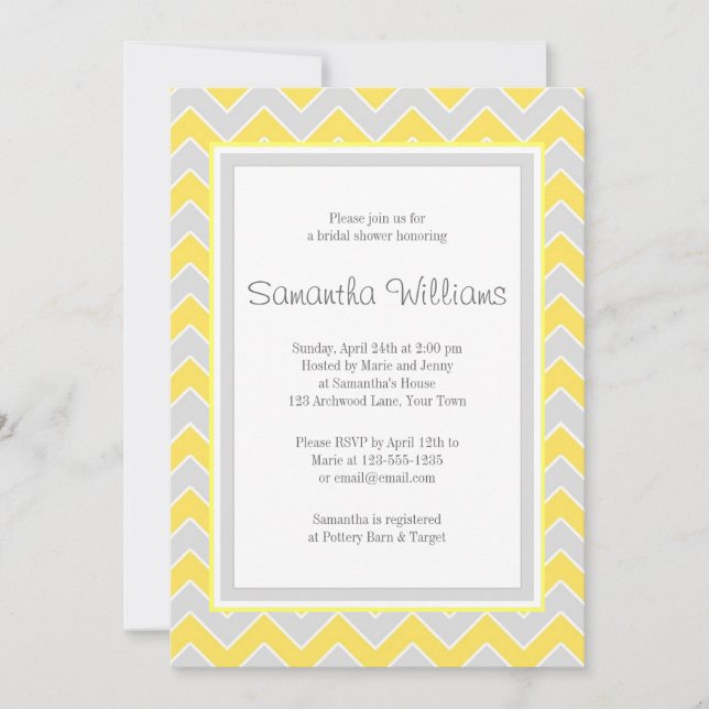 Invitation Fête de l'mariée de Chevron jaune et gris (Devant)