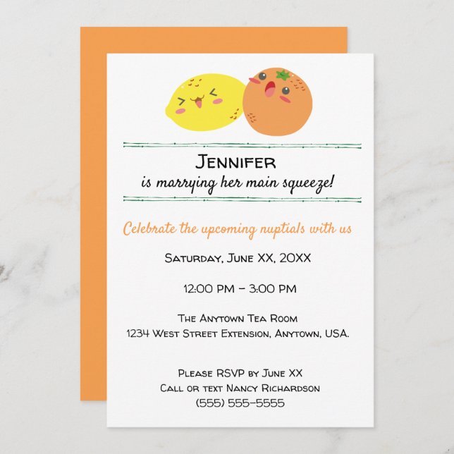 Invitation Fête de l'mariée de citron et d'orange de Kawaii (Devant / Derrière)