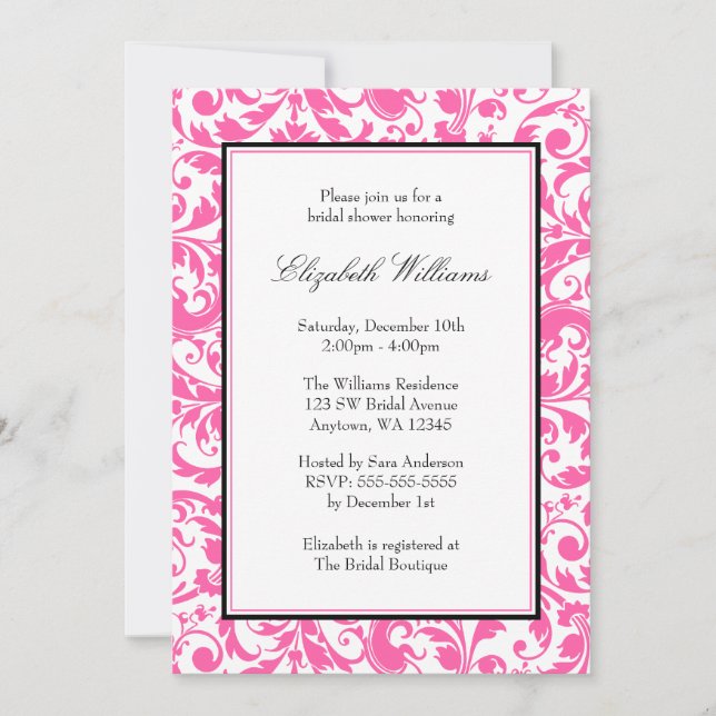 Invitation Fête de l'mariée de Damas de vent rose et noir (Devant)