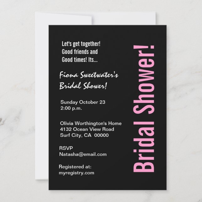 Invitation Fête de l'mariée de design rose et noir (Devant)
