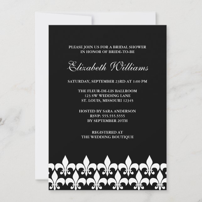 Invitation Fête de l'mariée de fleurs de Lis noir et blanc (Devant)