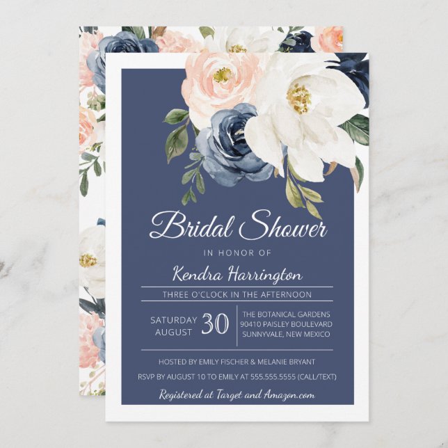 Invitation Fête de l'mariée de la Lush Magnolia Rose Navy Blu (Devant / Derrière)