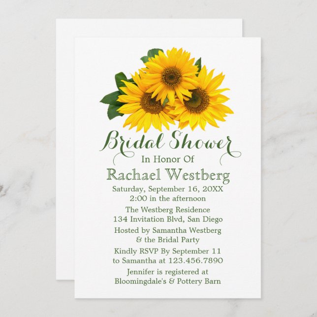 Invitation Fête de l'mariée de tournesol Flore jaune et verte (Devant / Derrière)