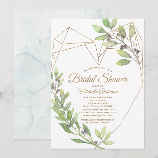 Invitation Fête de l'mariée de verdure et de coeur d'or (Devant / Derrière)