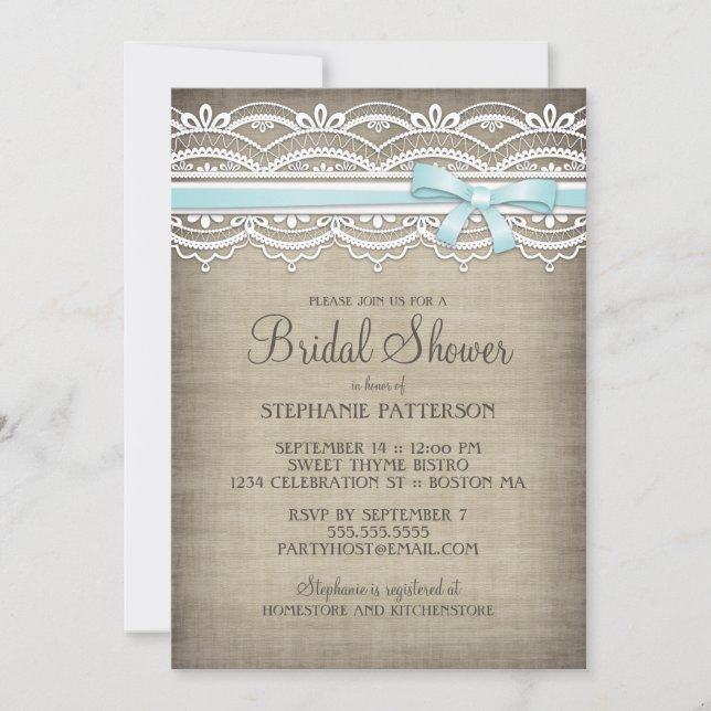 Invitation Fête de l'mariée d'élégance rustique Vintage Lace  (Devant)