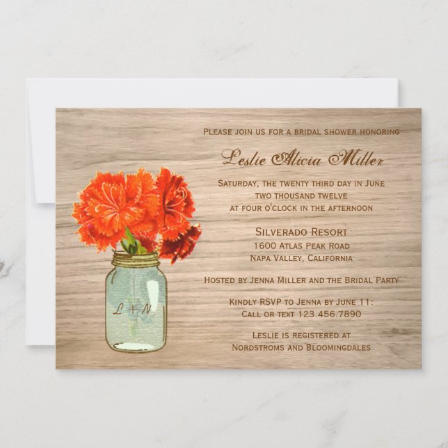 Invitation Fête de l'mariée des fleurs de Mason Jar rustique (Devant)