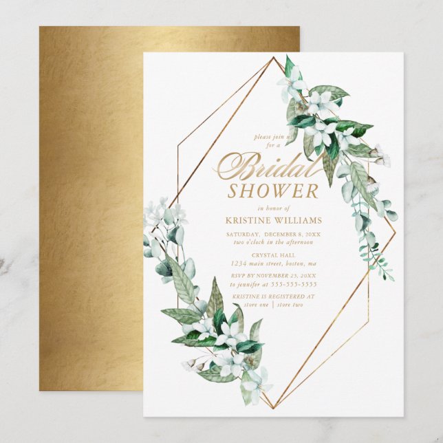 Invitation Fête de l'mariée d'or blanc et blanc chic pour la  (Devant / Derrière)
