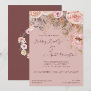 Invitation Fête de l'mariée d'or Rose Floral Boho Bourgogne s