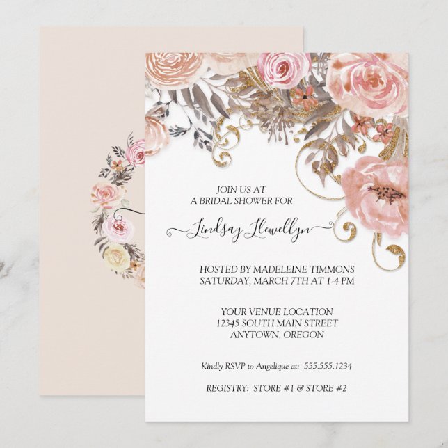 Invitation Fête de l'mariée d'or Rose Floral Boho Peach séché (Devant / Derrière)