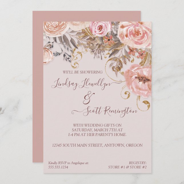 Invitation Fête de l'mariée d'or Rose floral séché Boho Blush (Devant / Derrière)