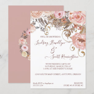Invitation Fête de l'mariée d'or Rose floral séché Boho Blush