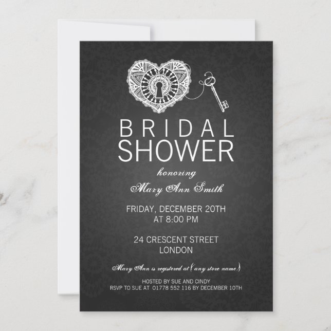 Invitation Fête de l'mariée Élégante Clé De Mon Coeur Noir (Devant)