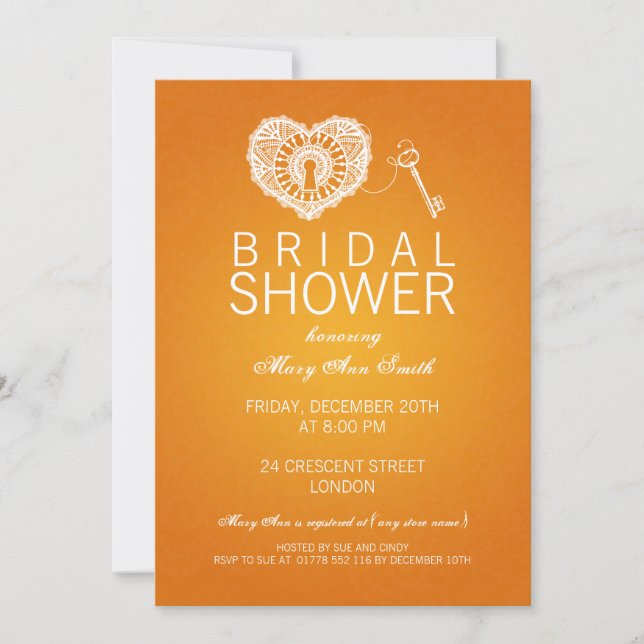 Invitation Fête de l'mariée Élégante Clé De Mon Coeur Orange (Devant)