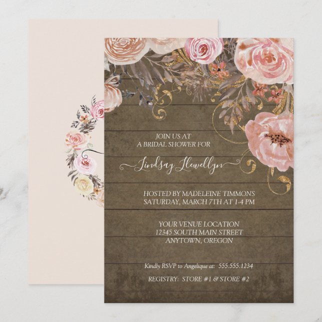 Invitation Fête de l'mariée en or Rose Boho en bois rustique (Devant / Derrière)