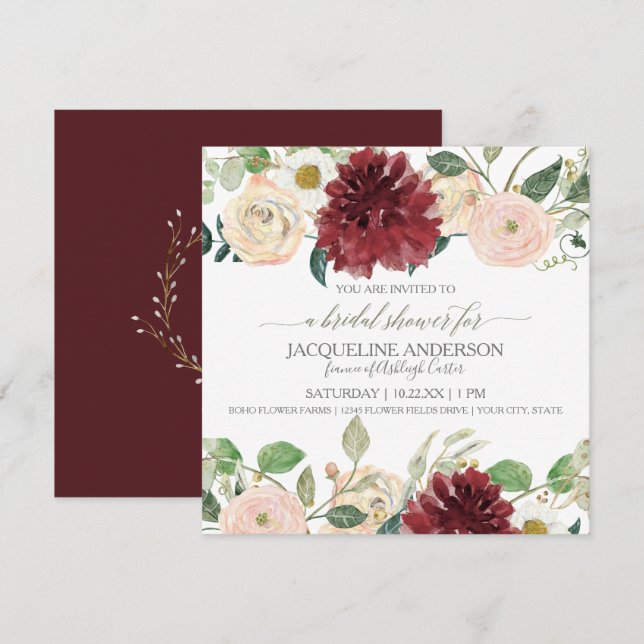 Invitation Fête de l'mariée Fall Chrysanthemum Marsala Rose (Devant / Derrière)