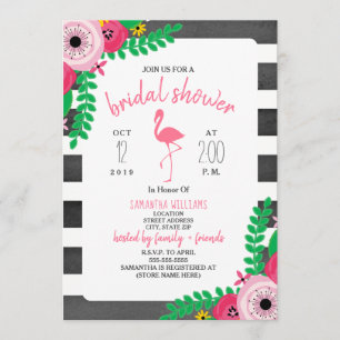 Invitation Fête de l'mariée Flamant rose Boho - rose + noir